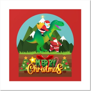 Santa Claus riding a dinosaur Posters and Art